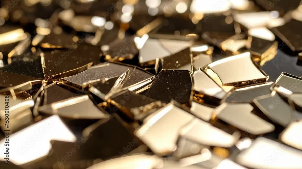 Poster gleaming pile of shiny golden fragments with light reflections and sharp edges creating an abstract 