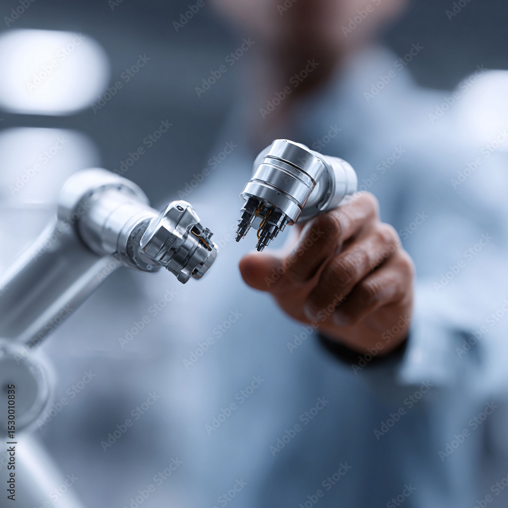 Poster precision engineering concept. a robotic arm is expertly manipulated by a human, symbolizing automat
