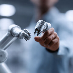 Precision engineering concept. A robotic arm is expertly manipulated by a human, symbolizing automation, innovation, and the future of technology. Use for industry, robotics, science.