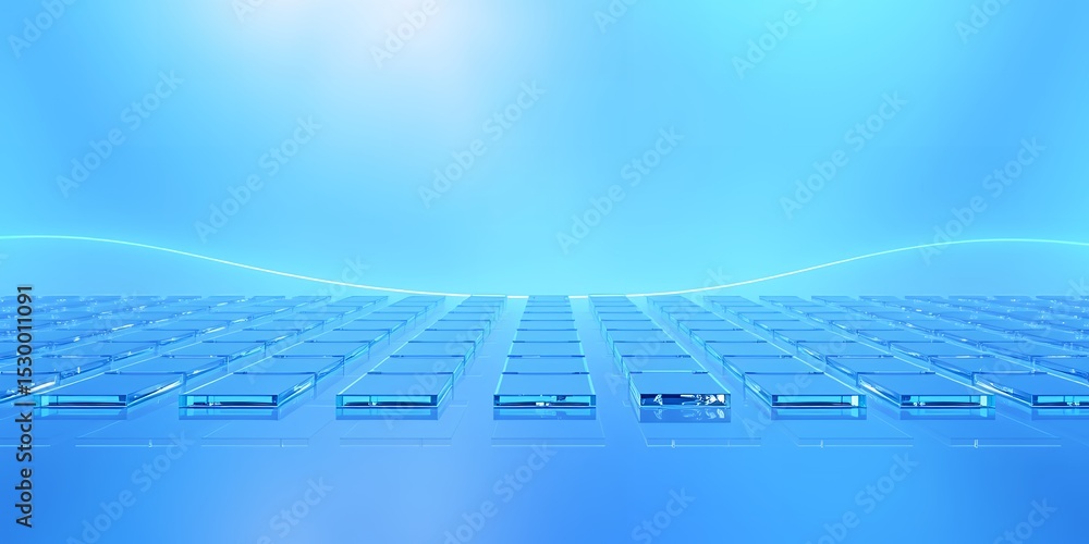 Poster abstract blue background featuring a grid of transparent rectangles and a wavy line above