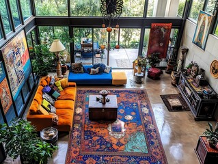 Eclectic living room featuring a blend of modern minimalism and rustic charm, with a statement vintage sofa, colorful throw rugs, and antique decor