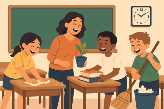 Classroom Cleanup Teamwork. Vector illustration of teacher and students cleaning up classroom together, laughing and organizing