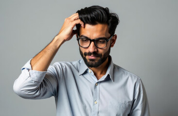 Fototapeta premium pensive middle eastern or indian man with glasses and beard scratching head, wearing blue shirt against gray background. concept of thinking and decision-making. male portrait on neutral backdrop