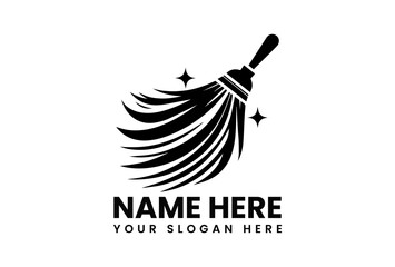 Dynamic black silhouette vector of broom sweeping with sparkling circular motion for professional cleaning service branding