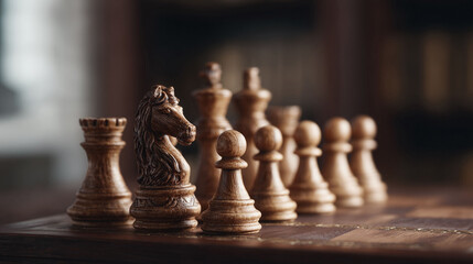 Strategic wooden chess pieces poised on a board. A metaphor for business, leadership,  tactics. Excellent for illustrating planning, risk, and decisionmaking.