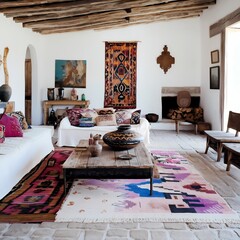 Eclectic living room featuring a blend of modern minimalism and rustic charm, with a statement vintage sofa, colorful throw rugs, and antique decor