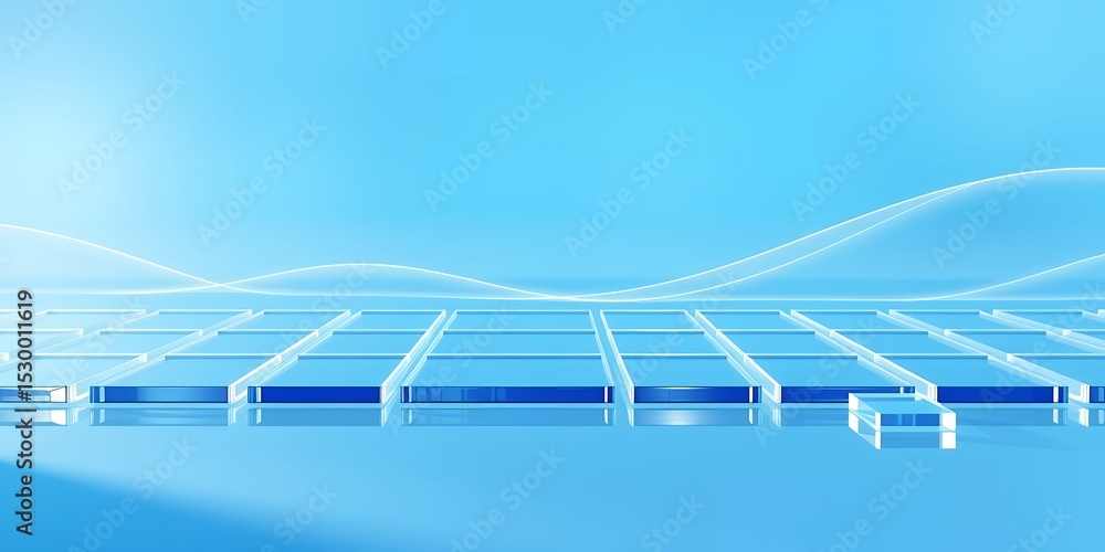Poster a minimalist blue background with a grid of transparent squares and subtle wave patterns above it
