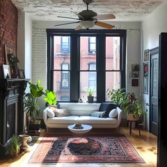 Eclectic living room featuring a blend of modern minimalism and rustic charm, with a statement vintage sofa, colorful throw rugs, and antique decor