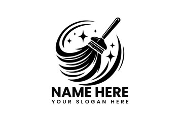 Stylized black silhouette of a broom sweeping with sparkling effects in a circular motion. Cleaning concept