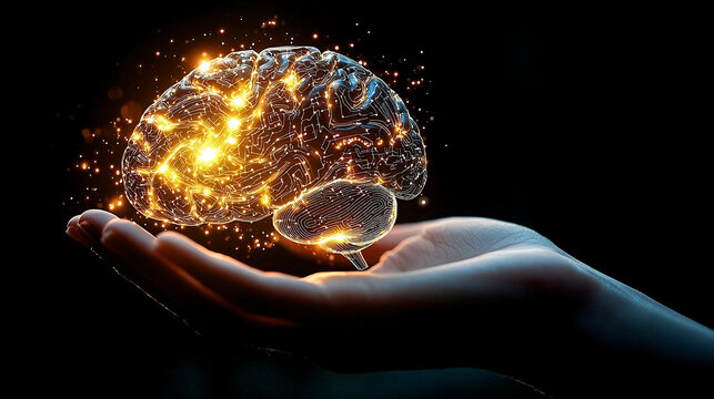 Human hand holding a glowing 3D brain made of neural networks and circuits symbolizing the fusion of organic life and artificial intelligence on a dark background - Powered by Adobe