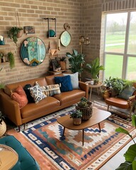 Eclectic living room with a fusion of vintage and contemporary styles, warm lighting, a variety of textures, and playful decor