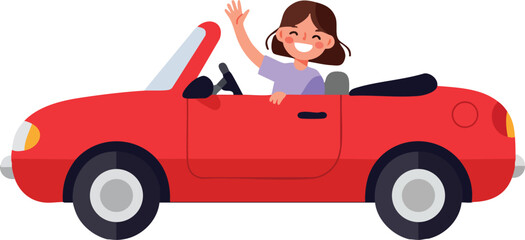 Girl driving red convertible car smiling and waving hand in cheerful summer vector illustration 