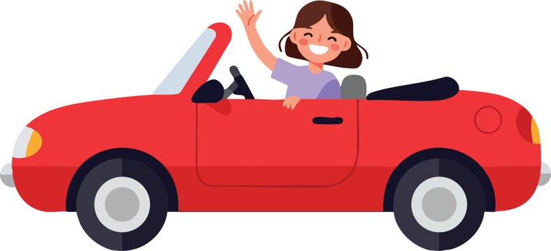 Girl driving red convertible car smiling and waving hand in cheerful summer vector illustration 