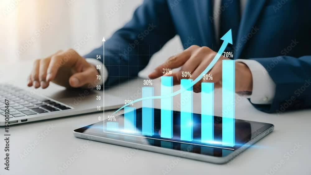 Fototapete man in suit analyzing data on tablet with laptop showing upward trending bar graph and arrow chart