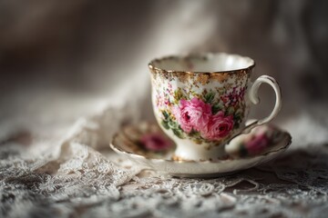 Fototapeta premium Delicate teacup with floral design resting on lace.