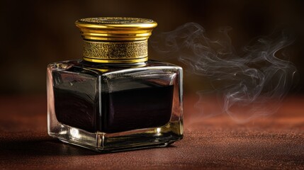 Ornate antique glass inkwell with gold accents.