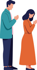 Fototapeta premium Couple standing side by side praying with calm expressions in simple flat style vector illustration 