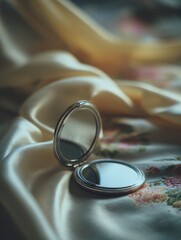 Compact mirror resting on a silk fabric.