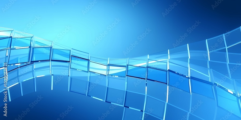 Poster abstract blue background featuring a wave of transparent squares with reflections and light
