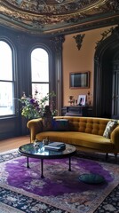 Eclectic living room with a mix of vintage mid-century furniture and modern minimalist elements, bold colors, and layered textures
