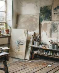 Obraz premium An artist's studio with wooden floors, easels, and paint supplies. Canvases lean against the walls. Brushes and paint tubes are organized on a table.