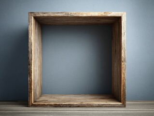 Empty wooden display box against a muted backdrop.