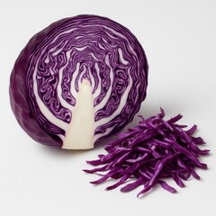 Fototapeta premium Vibrant Purple Cabbage Half with Fresh Shredded Strips