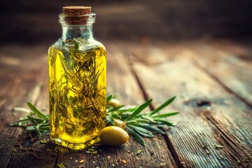 Glass bottle of olive oil with rosemary sprigs.