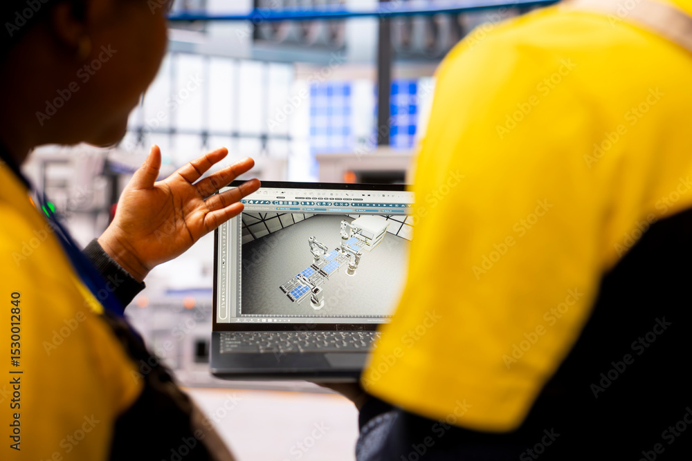 Poster african american engineers use software for optimization of robotic arms and conveyor belts systems 