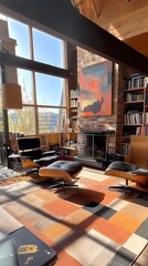 Eclectic living room with a mix of vintage mid-century furniture and modern minimalist elements, bold colors, and layered textures