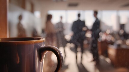 A steaming cup of coffee sits in focus as blurred figures in formal attire discuss nearby. The warm sunlight floods the space, creating a lively atmosphere