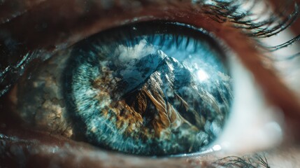 A breathtaking mountain range is reflected in a human eye, capturing stunning details of the landscape and showcasing the profound connection between nature and humanity