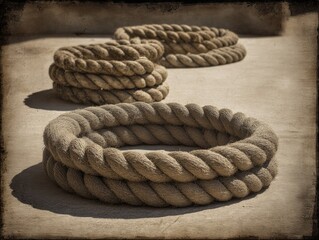 Twisted ropes arranged in circular shapes on a textured surface.