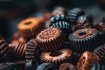 Close-up view of many rusty gears.