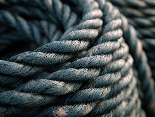 Close-up view of twisted dark gray ropes.