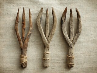 Three rustic wooden tines arranged in a triangular pattern.