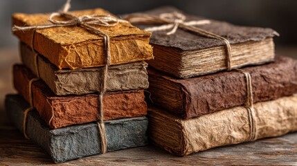 Stack of intricately bound handcrafted books.