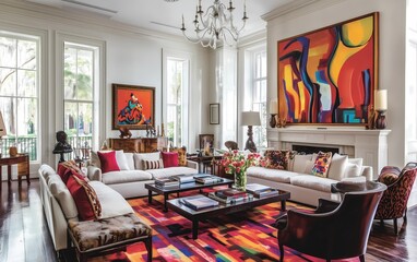 Eclectic living room with industrial-style lighting, vintage furniture, colorful abstract art, and an inviting atmosphere