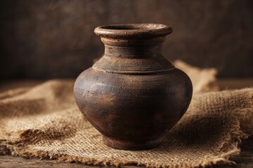 Dark, rustic earthenware pot on a burlap tablecloth.