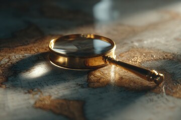Antique brass magnifying glass resting on a vintage world map.