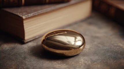 Polished golden orb rests on a textured surface beside antique books.