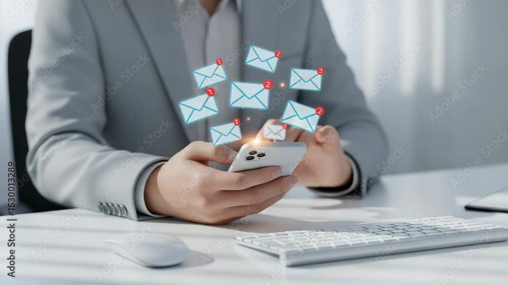 Poster Person holding smartphone with email notifications floating above it in a business setting
