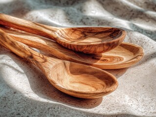 Close-up view of several wooden spoons.