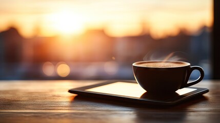 Obraz premium Warm coffee cup and digital tablet on a wooden surface at sunrise.