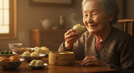 Close-up of an elderly woman eating steamed dumplings at a traditional Chinese family table, warm lighting, wooden decor, focus on textures and expression, cozy and emotional atmosphere