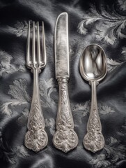 Ornate antique silverware set on dark fabric.