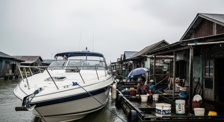 Fototapeta premium Luxury boat docked near rustic waterfront village in rain
