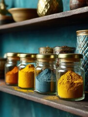 Colorful spice jars arranged on a wooden shelf.
