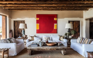 Eclectic living room with industrial-style lighting, vintage furniture, colorful abstract art, and an inviting atmosphere