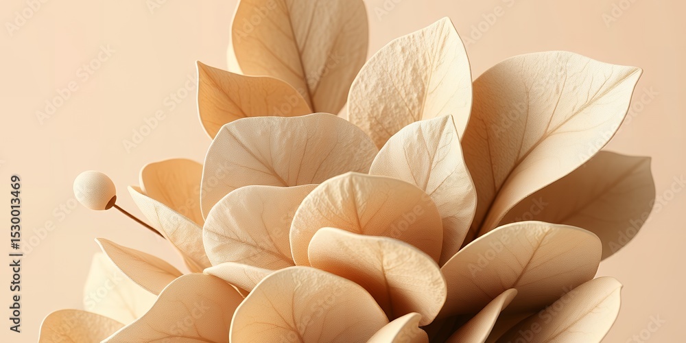 Poster close up shot of a cluster of beige leaves with a small round object on a stick in the corner